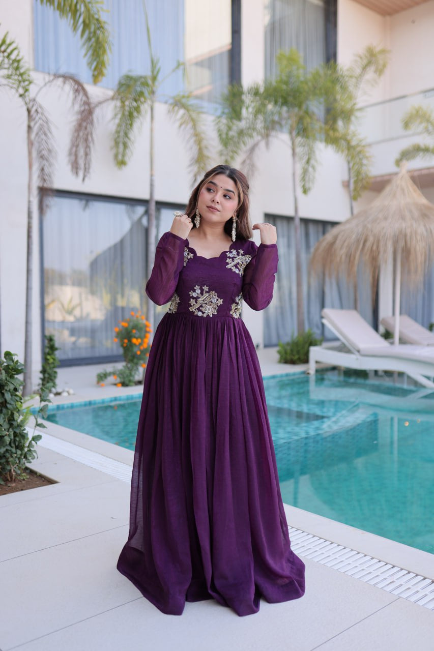 Womenline Royal Purple Color Embroidered Anarkali Gown