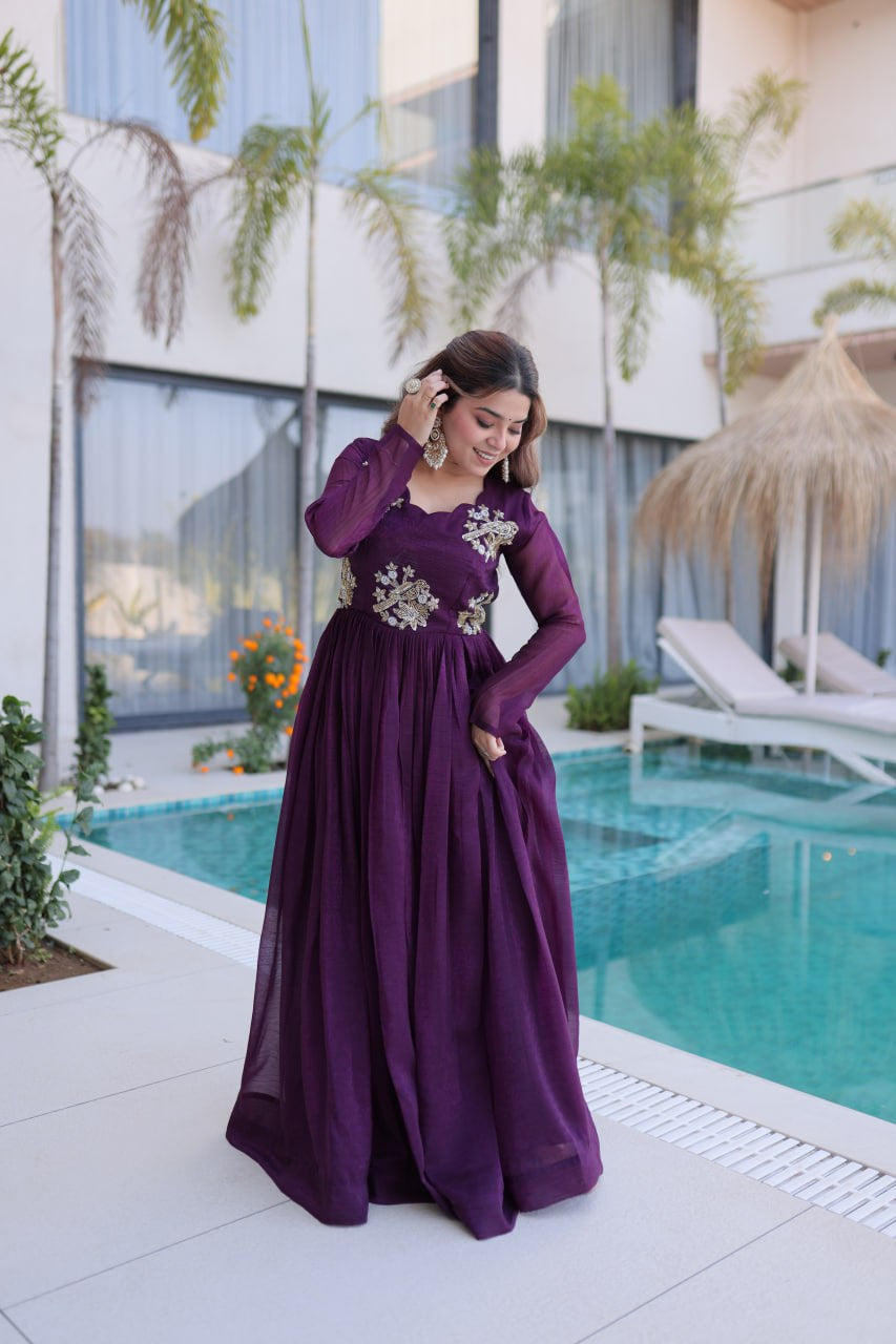 Womenline Royal Purple Color Embroidered Anarkali Gown