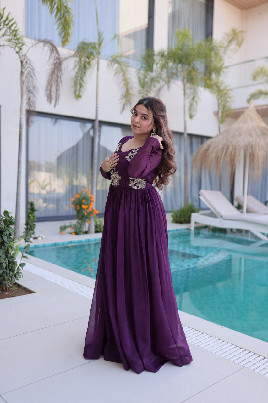 Womenline Royal Purple Color Embroidered Anarkali Gown