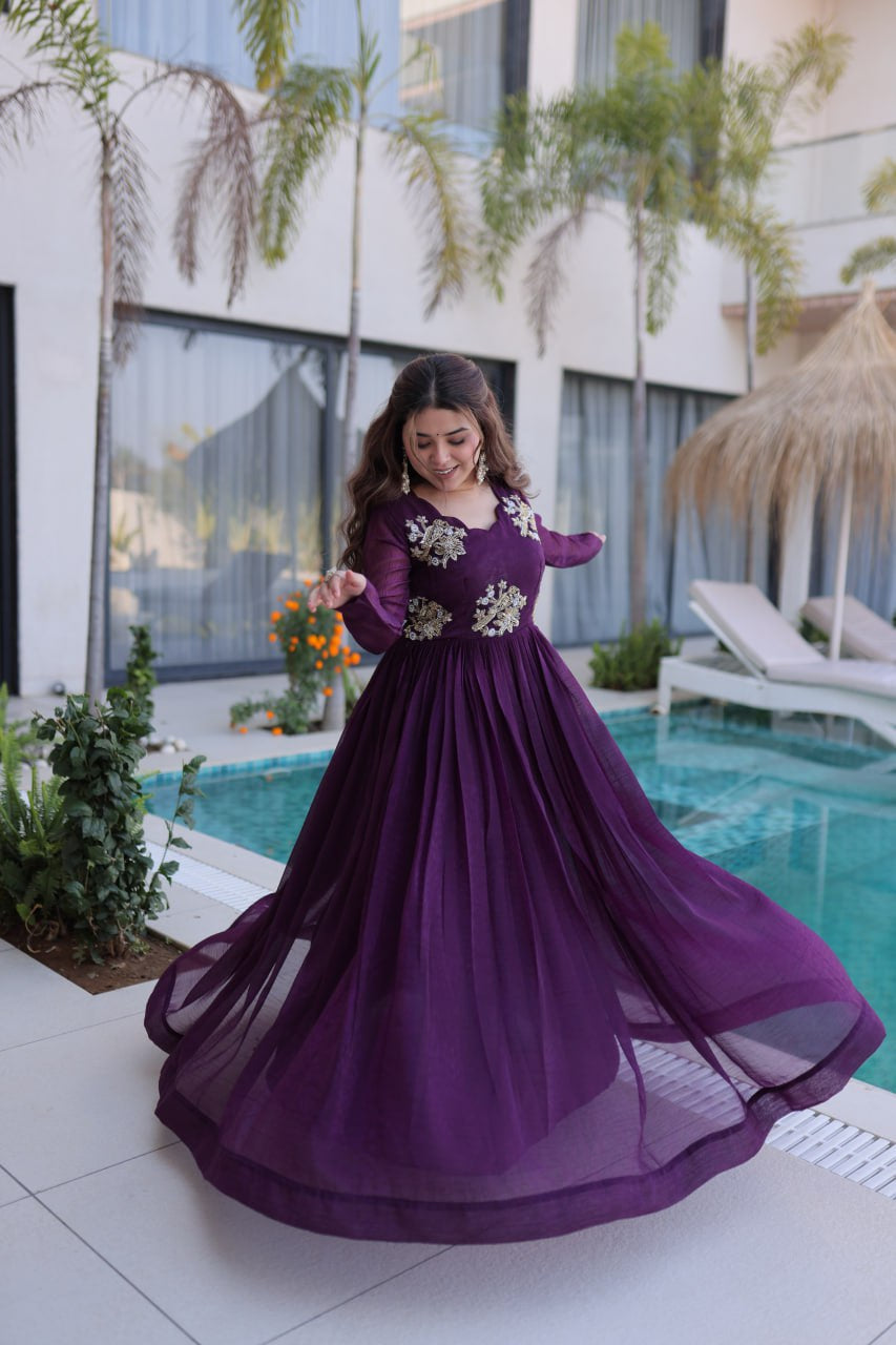 Womenline Royal Purple Color Embroidered Anarkali Gown