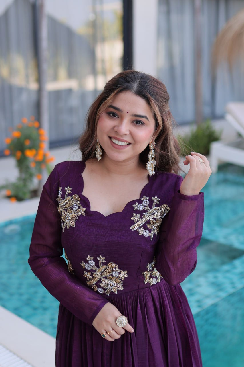 Womenline Royal Purple Color Embroidered Anarkali Gown
