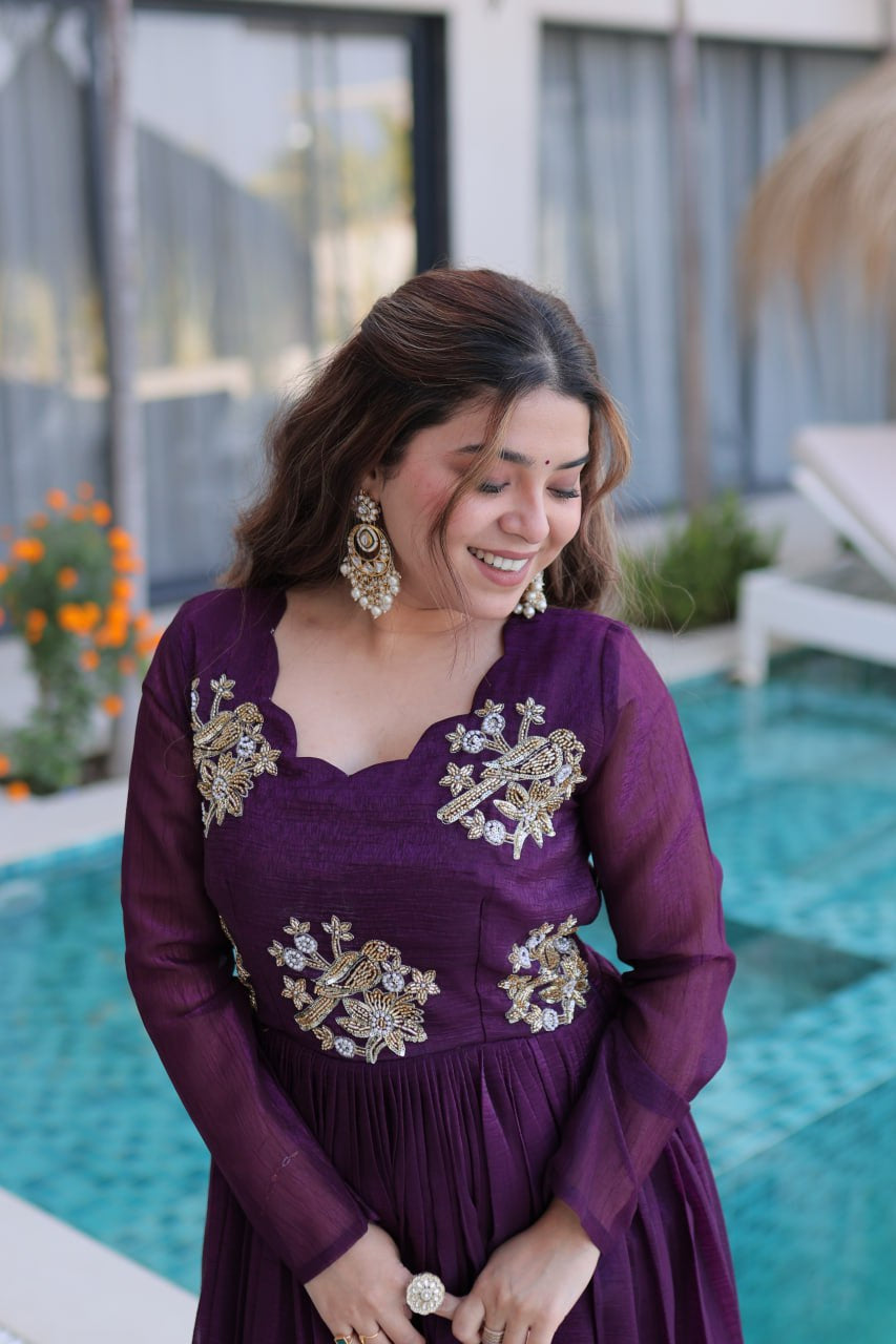 Womenline Royal Purple Color Embroidered Anarkali Gown
