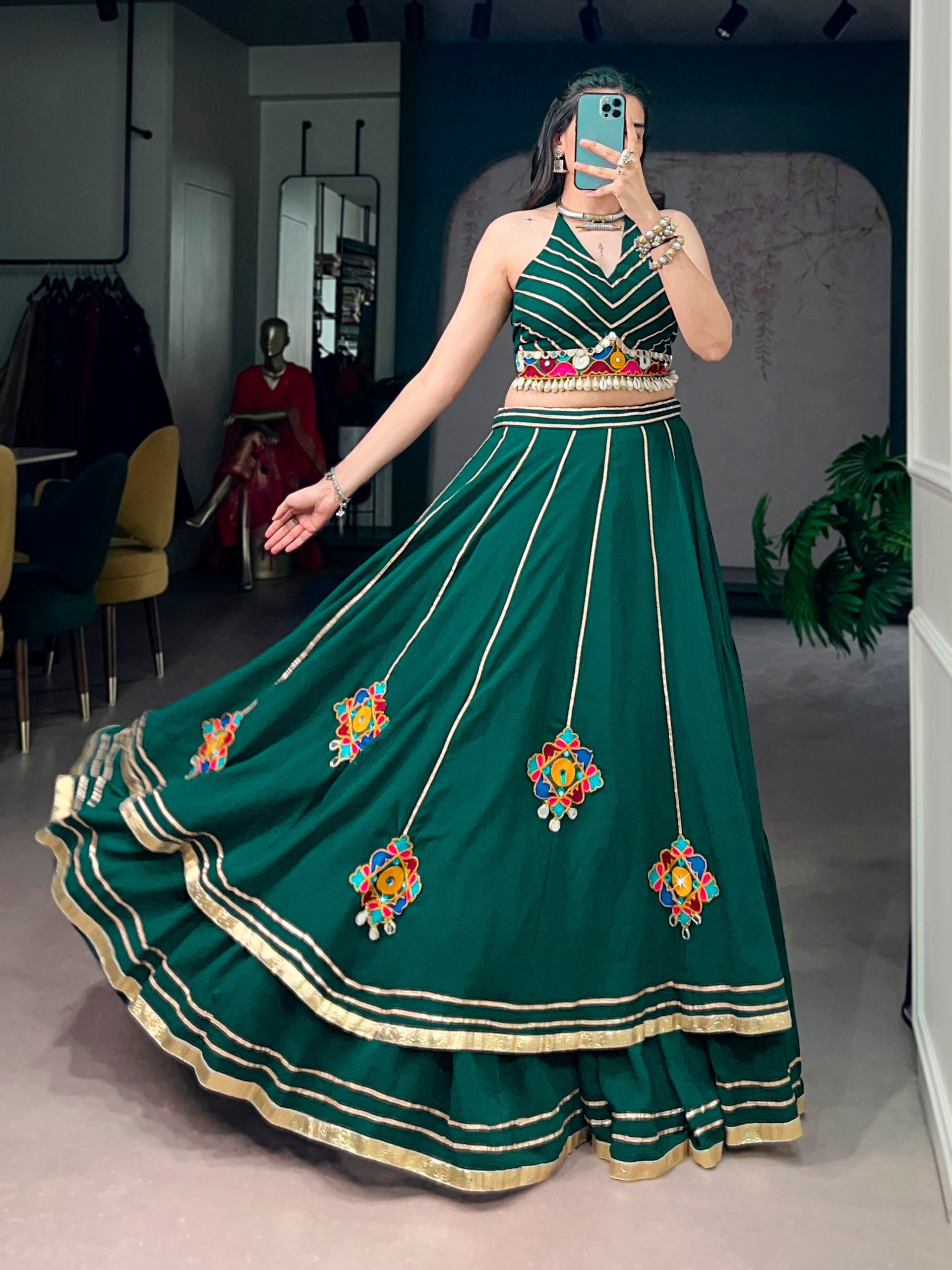 Womenline Emerald Green Mirror Work Festive Lehenga Set