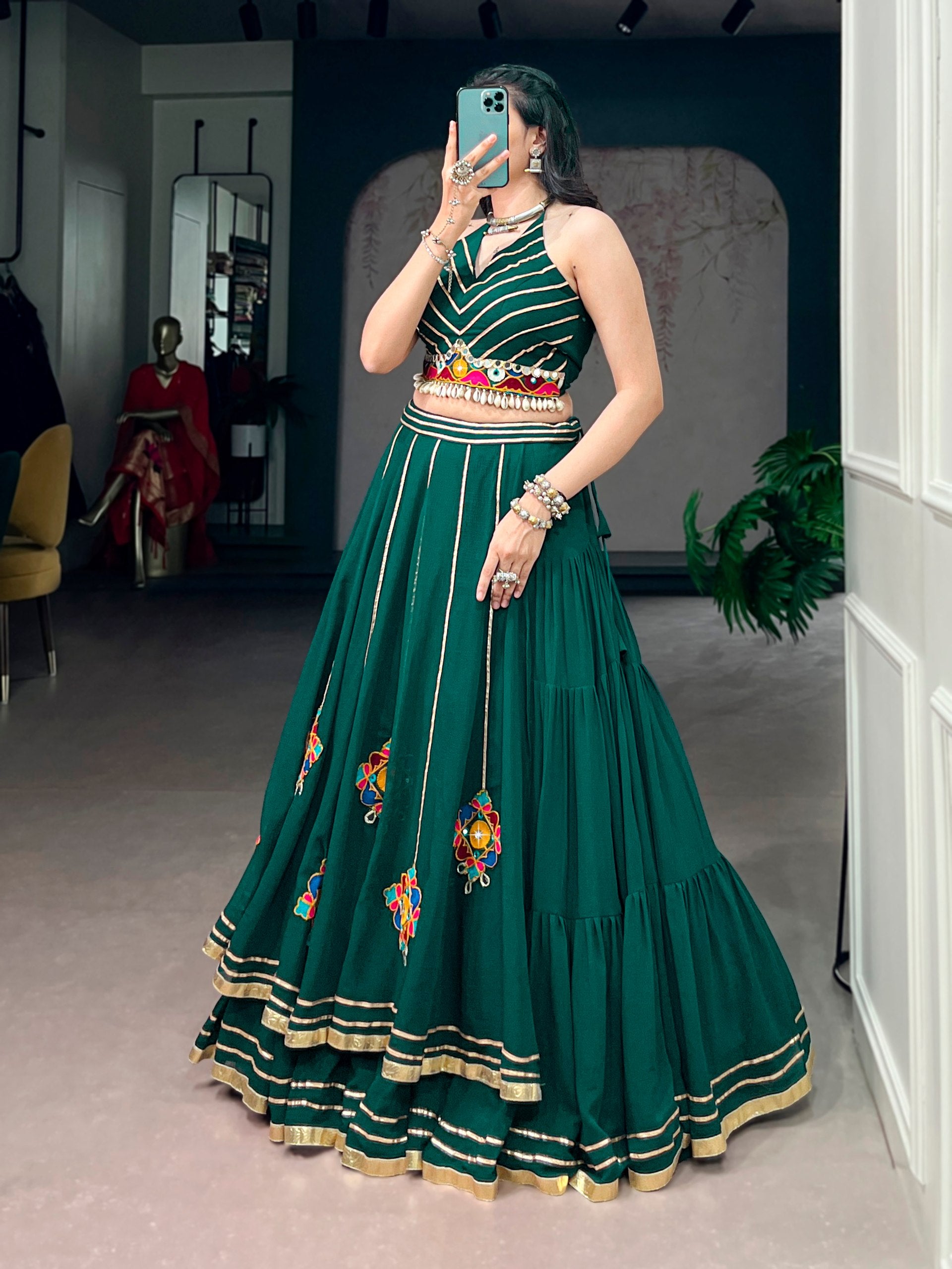 Womenline Emerald Green Mirror Work Festive Lehenga Set