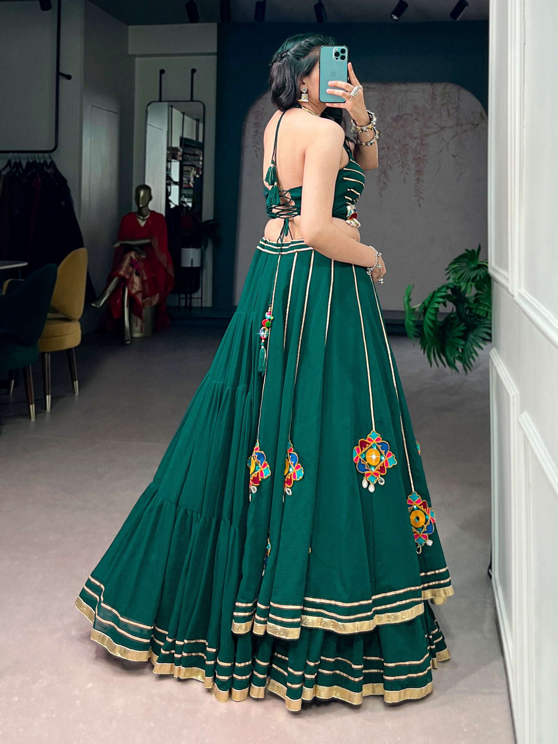 Womenline Emerald Green Mirror Work Festive Lehenga Set