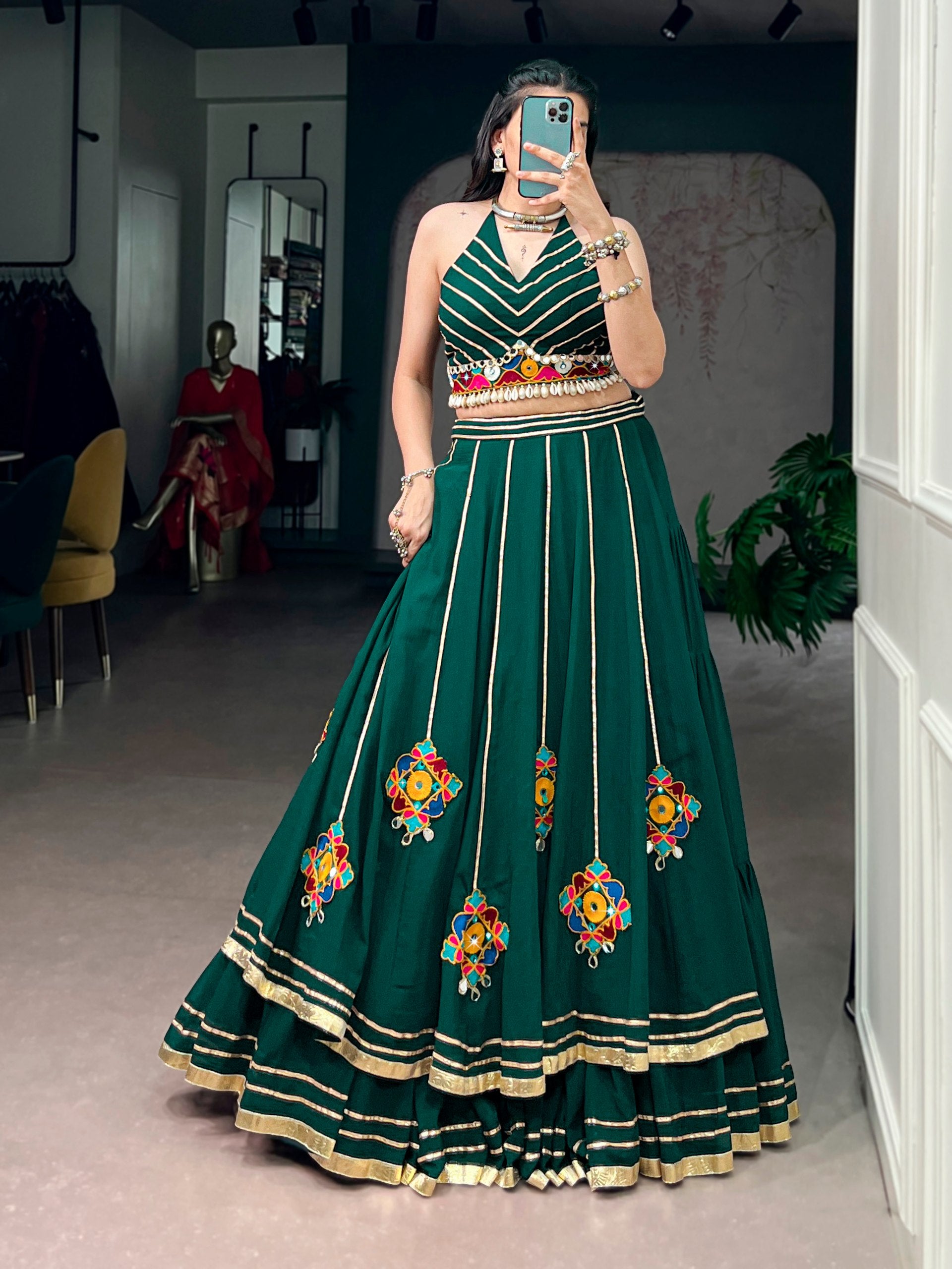 Womenline Emerald Green Mirror Work Festive Lehenga Set