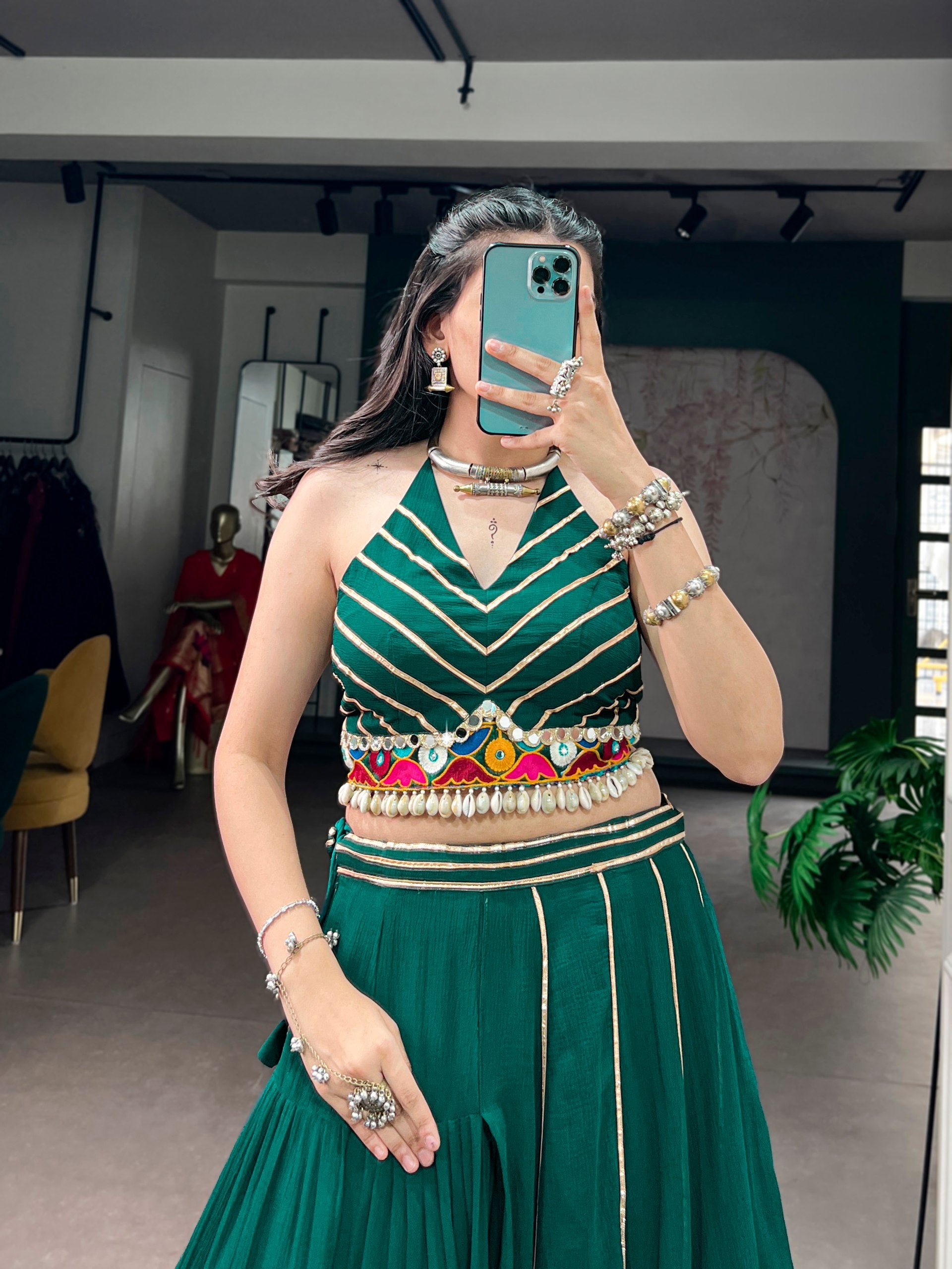 Womenline Emerald Green Mirror Work Festive Lehenga Set