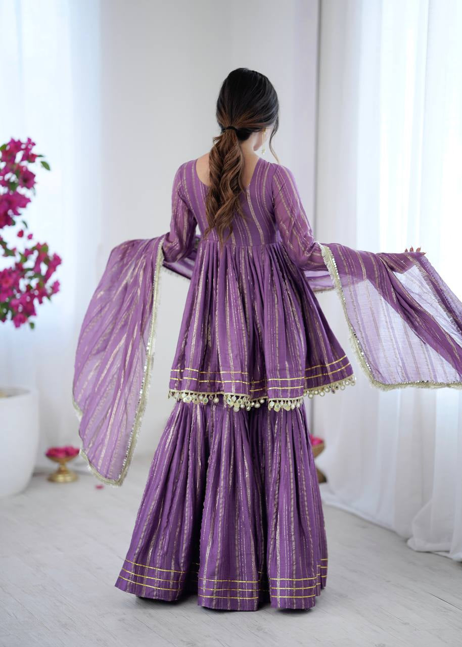 Womenline Lavender Luxe Designer Sharara Suit Set with Lurex Dupatta