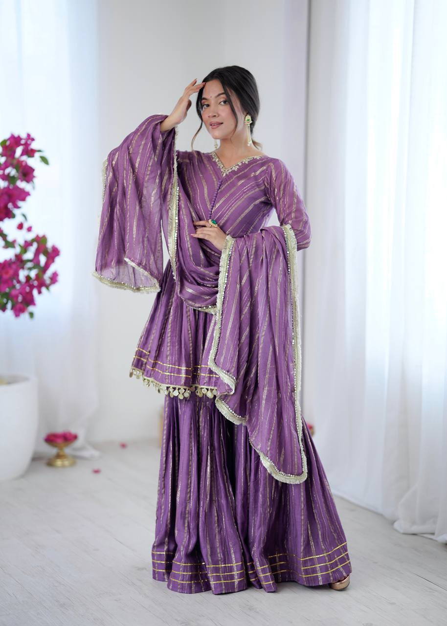 Womenline Lavender Luxe Designer Sharara Suit Set with Lurex Dupatta