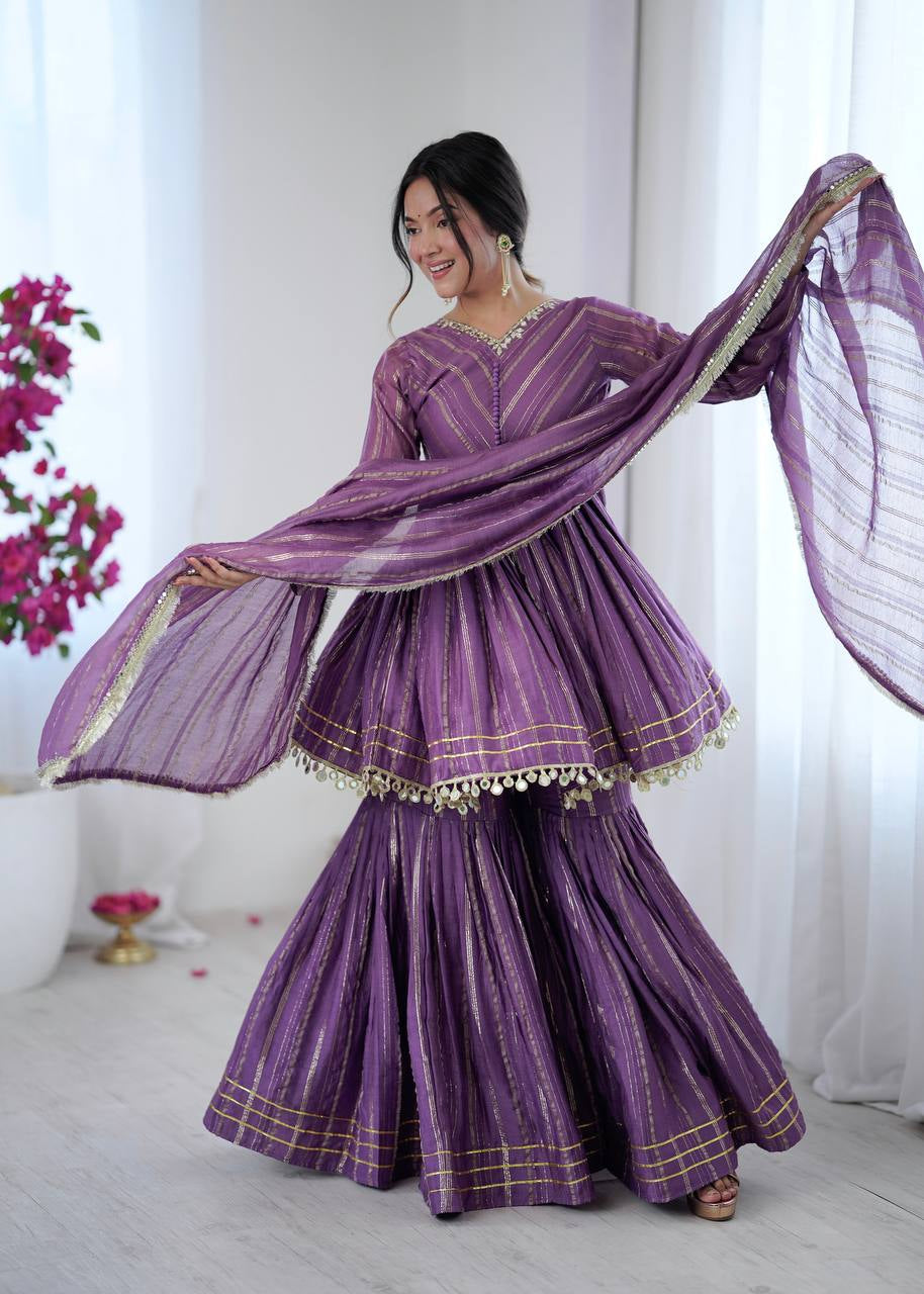 Womenline Lavender Luxe Designer Sharara Suit Set with Lurex Dupatta