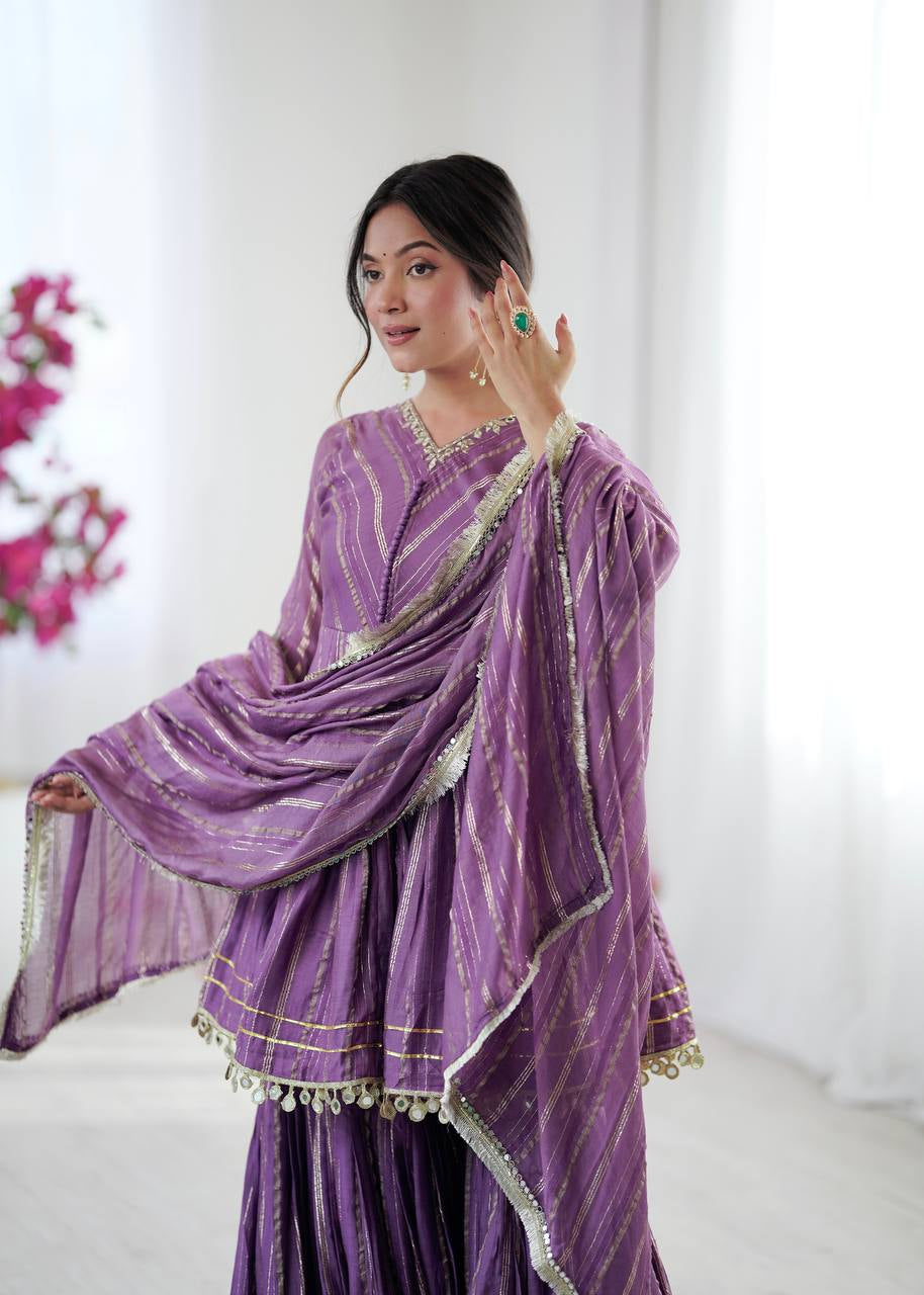 Womenline Lavender Luxe Designer Sharara Suit Set with Lurex Dupatta