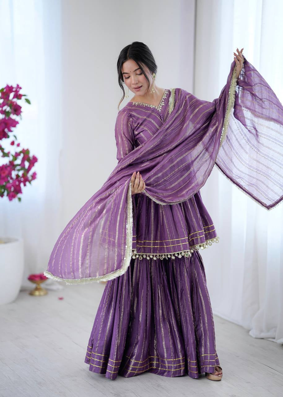 Womenline Lavender Luxe Designer Sharara Suit Set with Lurex Dupatta