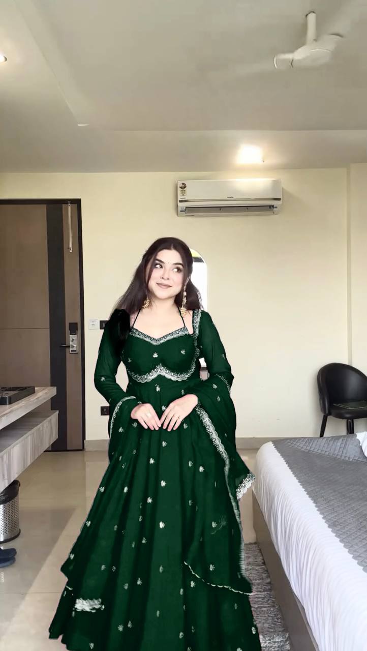 Womenline Emerald Green Embroidered Anarkali Gown with Dupatta