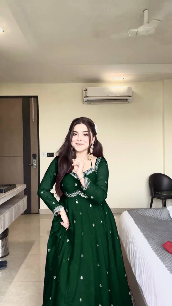 Womenline Emerald Green Embroidered Anarkali Gown with Dupatta