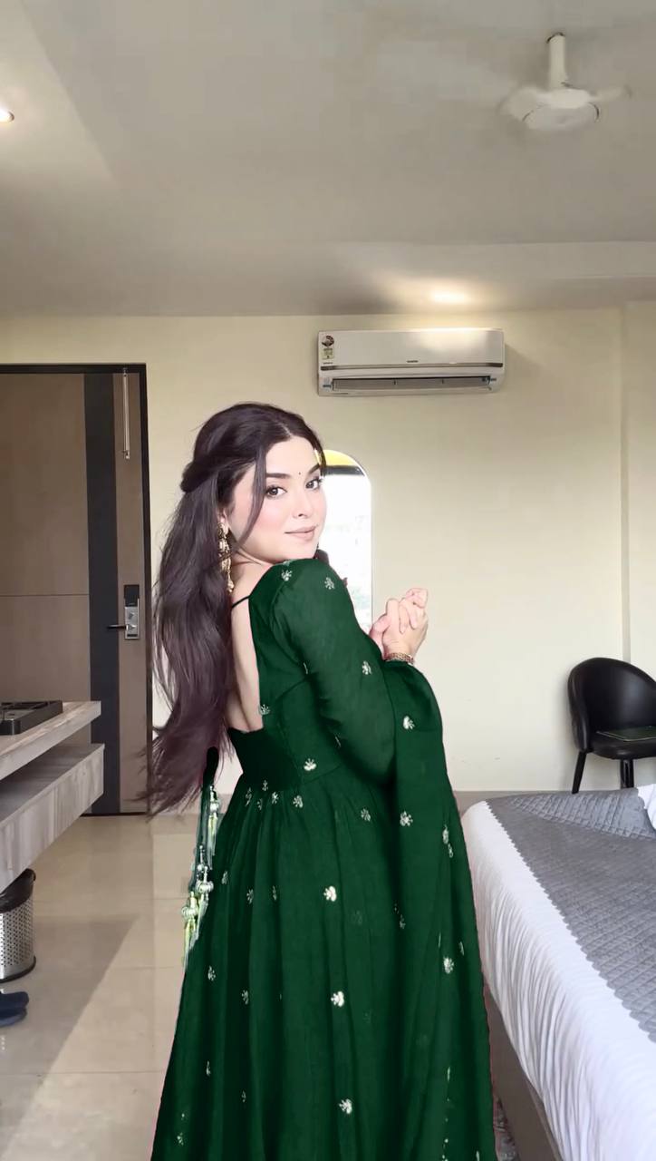 Womenline Emerald Green Embroidered Anarkali Gown with Dupatta