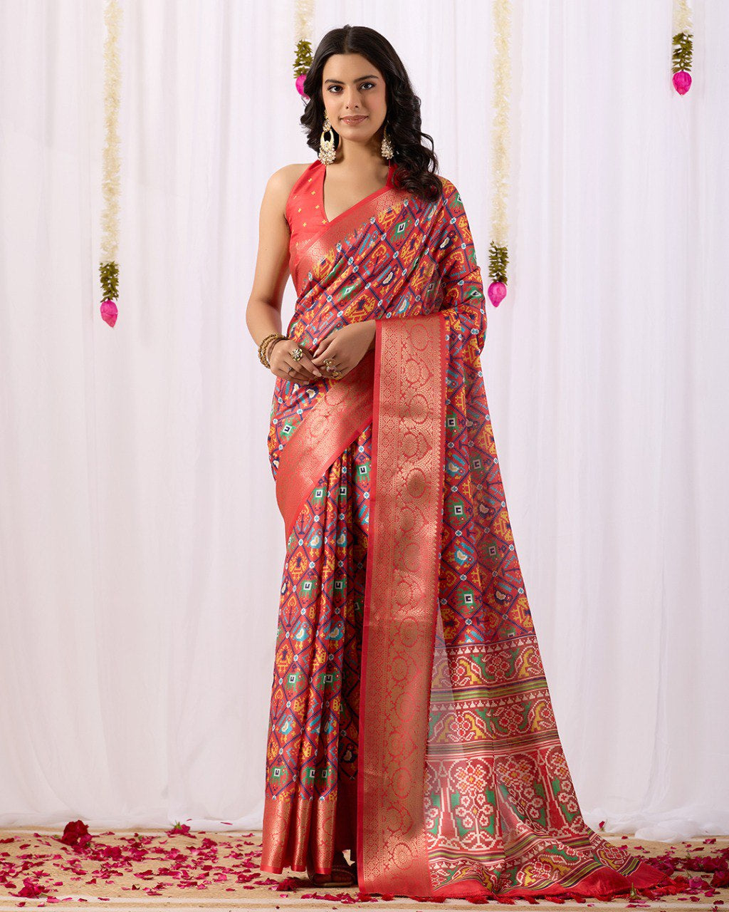 Womenline Red Patola Inspired Silk Saree with Traditional Multicolor Weaving & Rich Zari Border