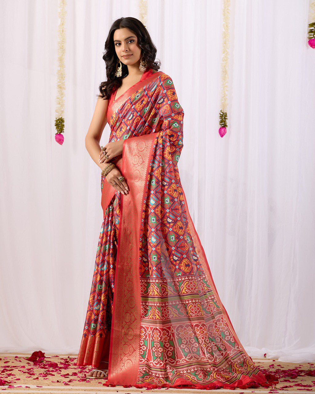 Womenline Red Patola Inspired Silk Saree with Traditional Multicolor Weaving & Rich Zari Border