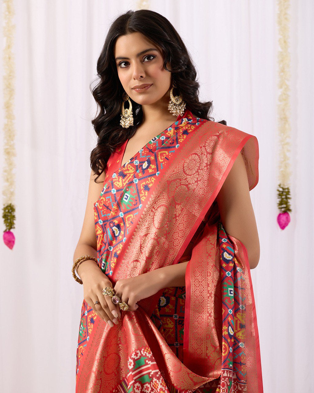 Womenline Red Patola Inspired Silk Saree with Traditional Multicolor Weaving & Rich Zari Border