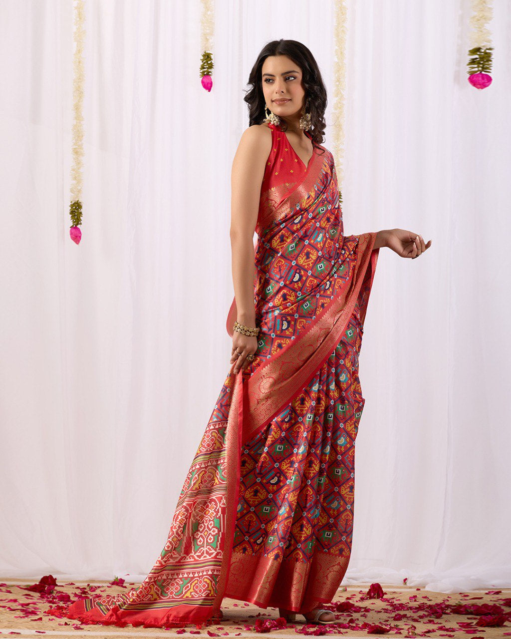 Womenline Red Patola Inspired Silk Saree with Traditional Multicolor Weaving & Rich Zari Border