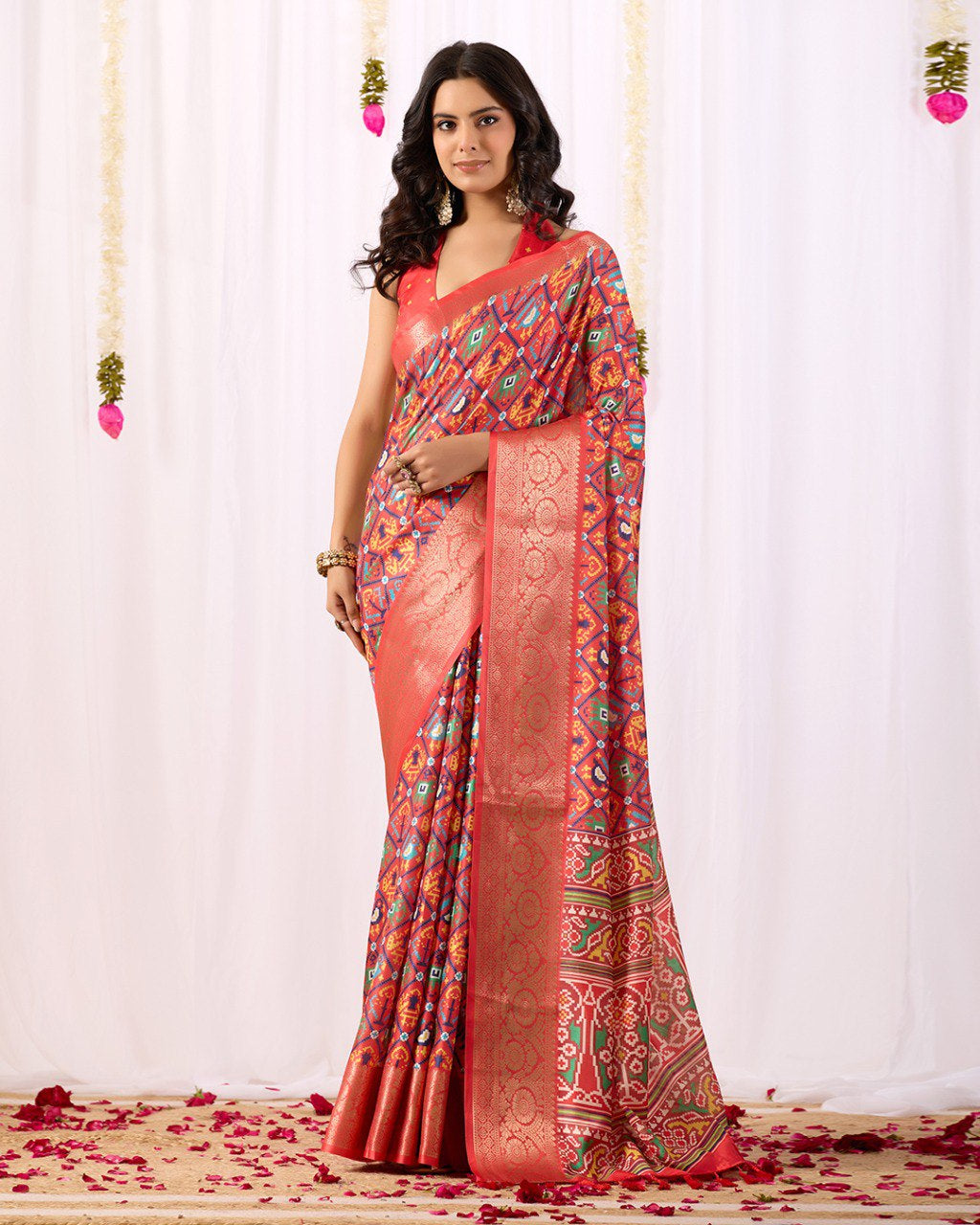 Womenline Red Patola Inspired Silk Saree with Traditional Multicolor Weaving & Rich Zari Border