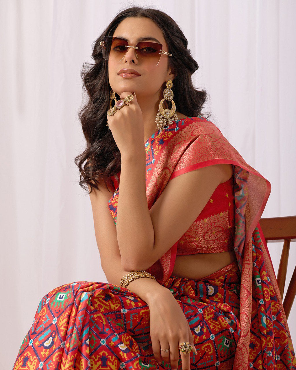 Womenline Red Patola Inspired Silk Saree with Traditional Multicolor Weaving & Rich Zari Border
