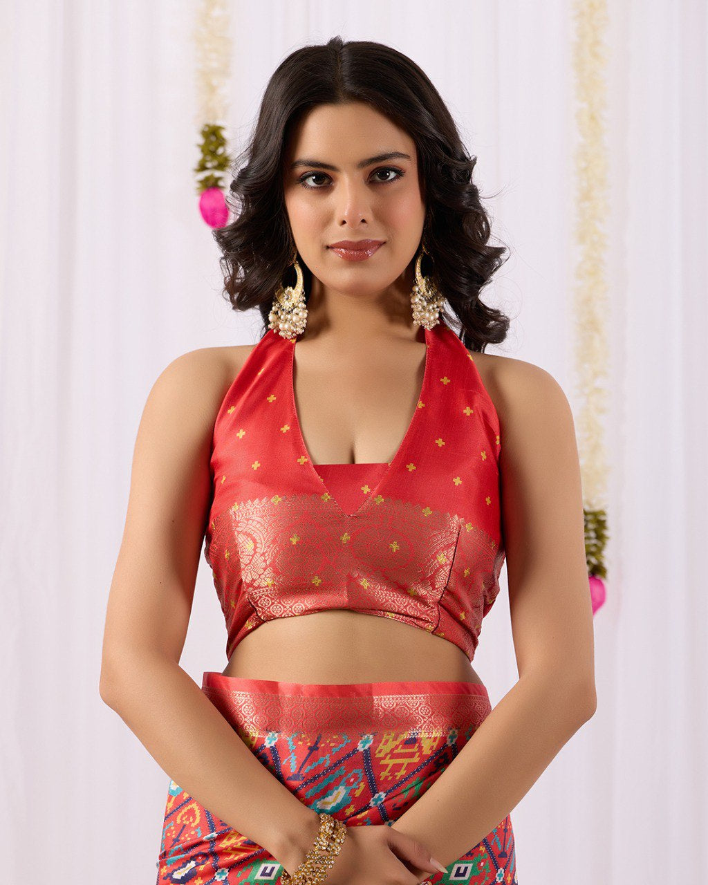 Womenline Red Patola Inspired Silk Saree with Traditional Multicolor Weaving & Rich Zari Border