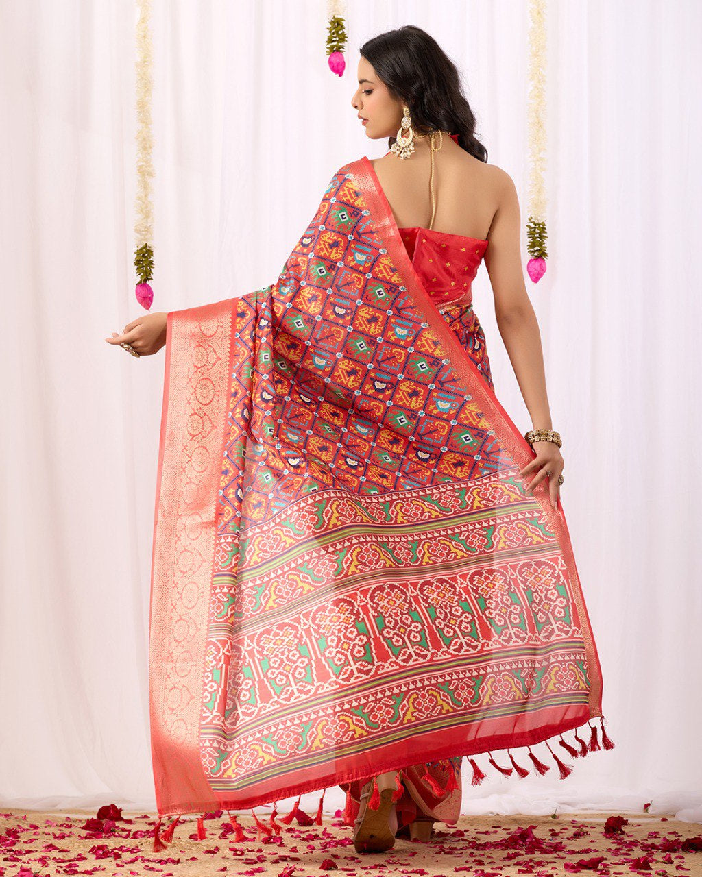 Womenline Red Patola Inspired Silk Saree with Traditional Multicolor Weaving & Rich Zari Border