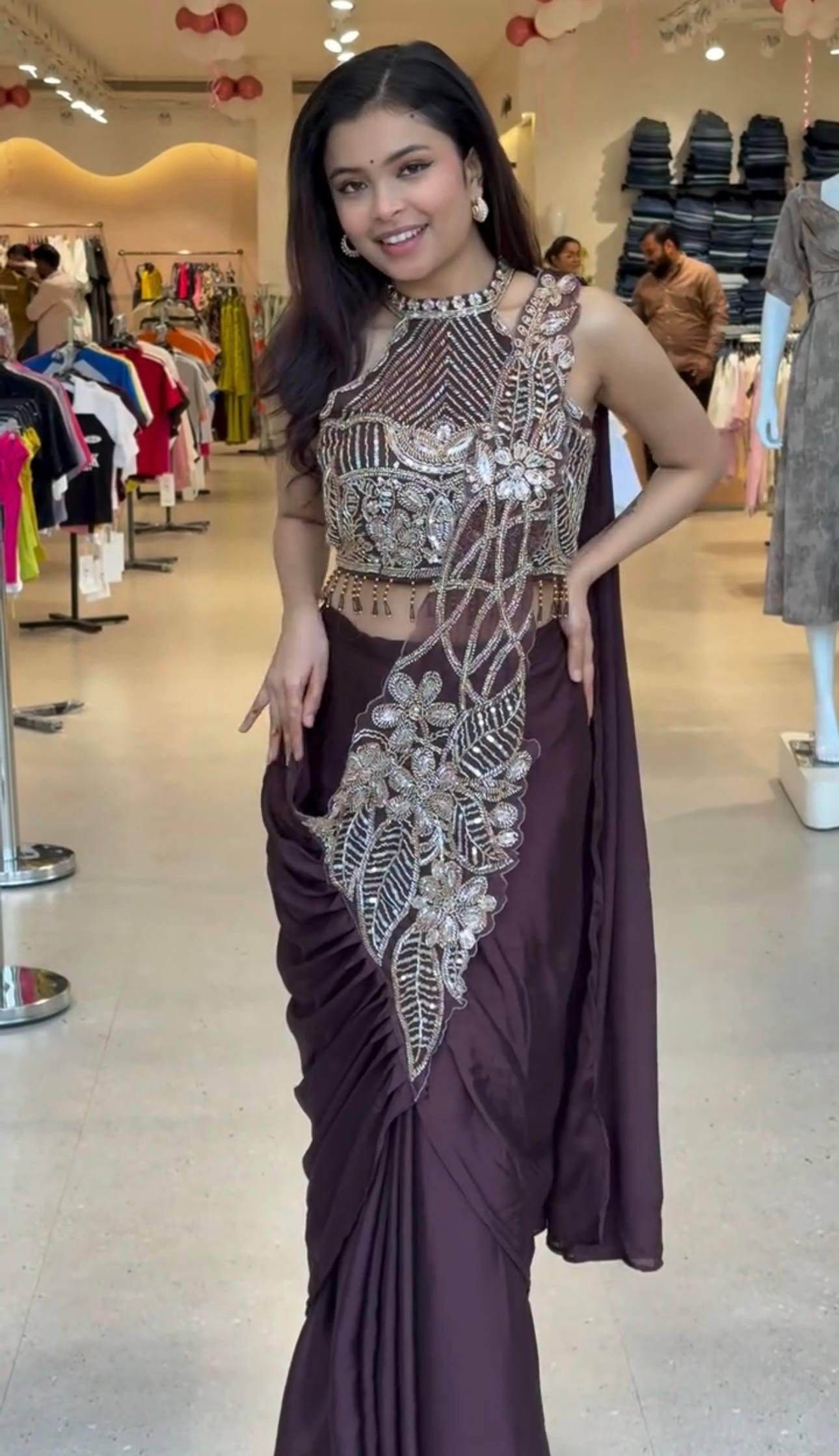 Womenline Chocolate Brown Pre-Draped Saree Set with Heavy Embroidered Designer Blouse