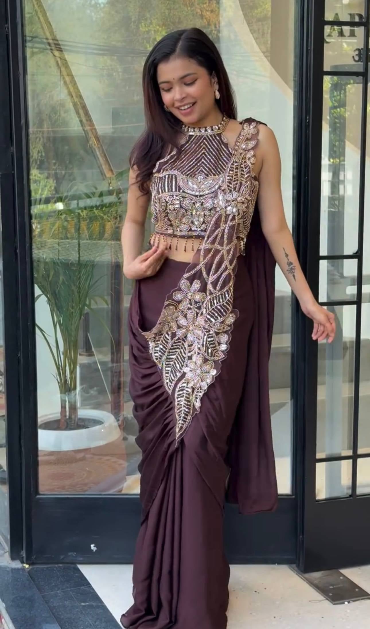 Womenline Chocolate Brown Pre-Draped Saree Set with Heavy Embroidered Designer Blouse