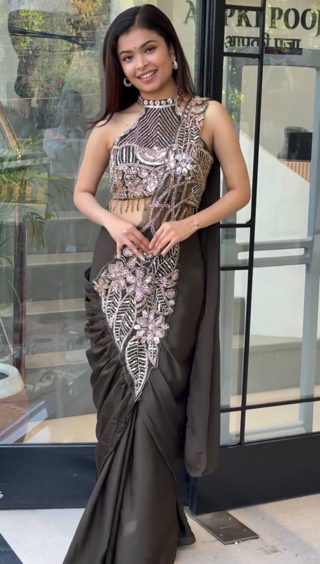 Womenline Midnight Charcoal Pre-Draped Saree Set with Luxe Embroidered Statement Blouse