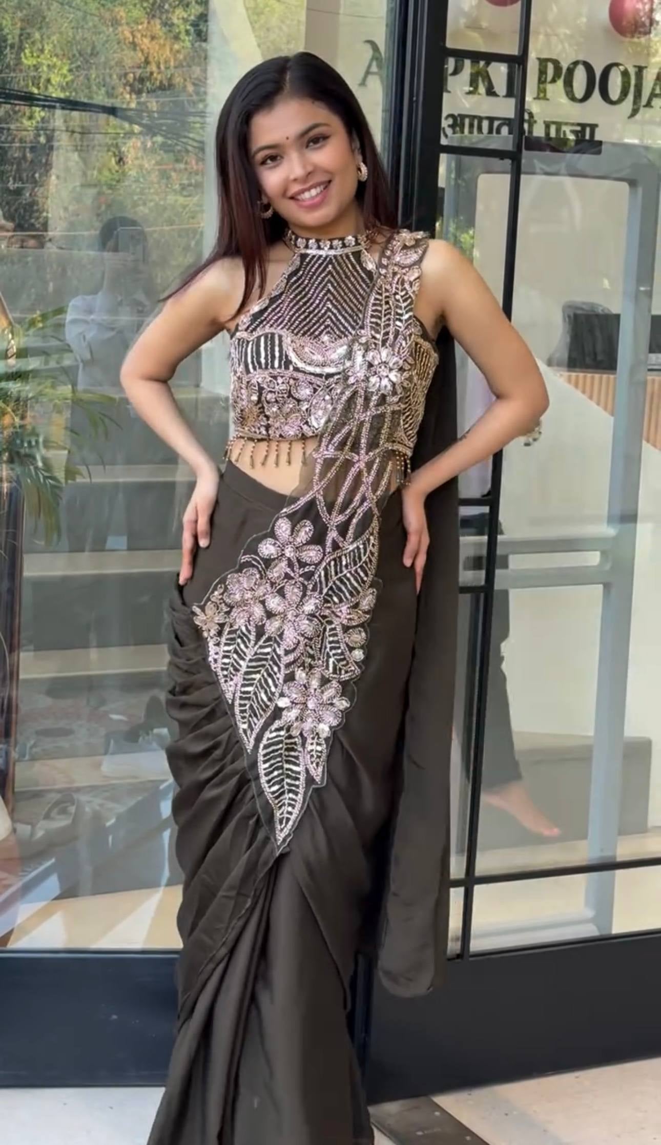 Womenline Midnight Charcoal Pre-Draped Saree Set with Luxe Embroidered Statement Blouse