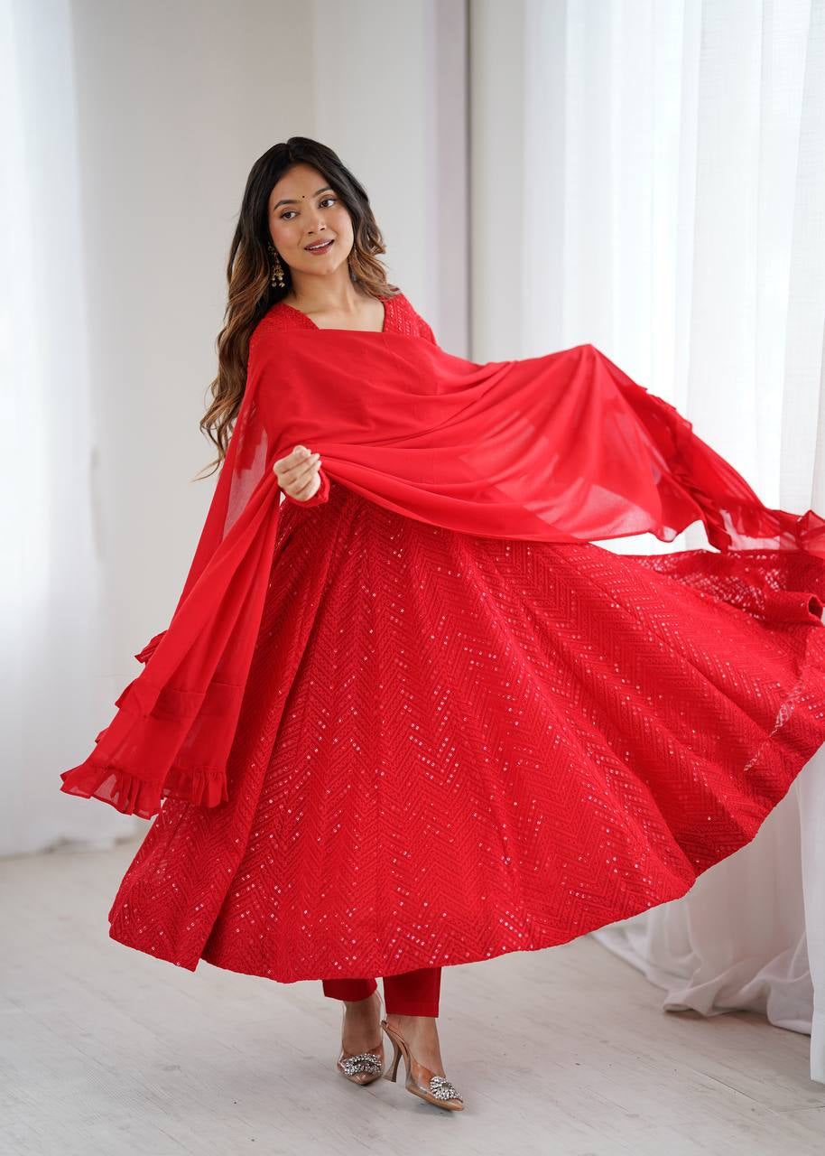 Womenline Designer Red Color Georgette Lucknowi Three Piece Anarkali Suit