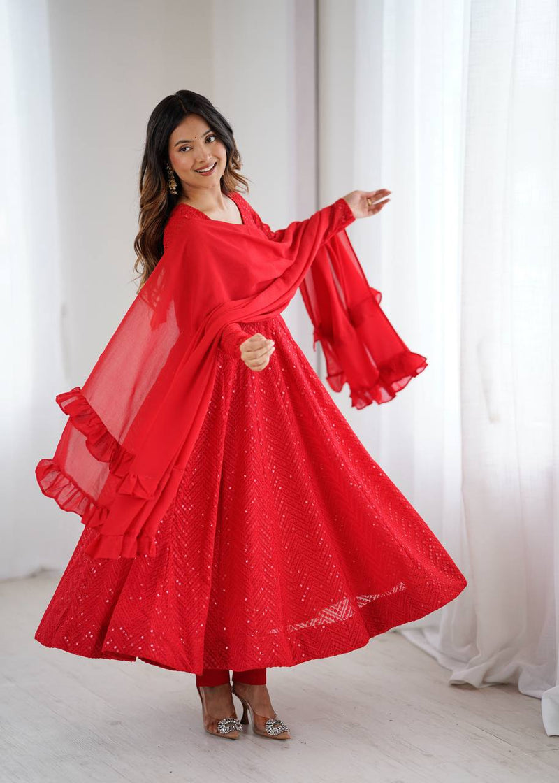 Womenline Designer Red Color Georgette Lucknowi Three Piece Anarkali Suit