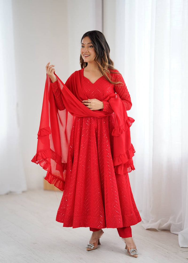 Womenline Designer Red Color Georgette Lucknowi Three Piece Anarkali Suit