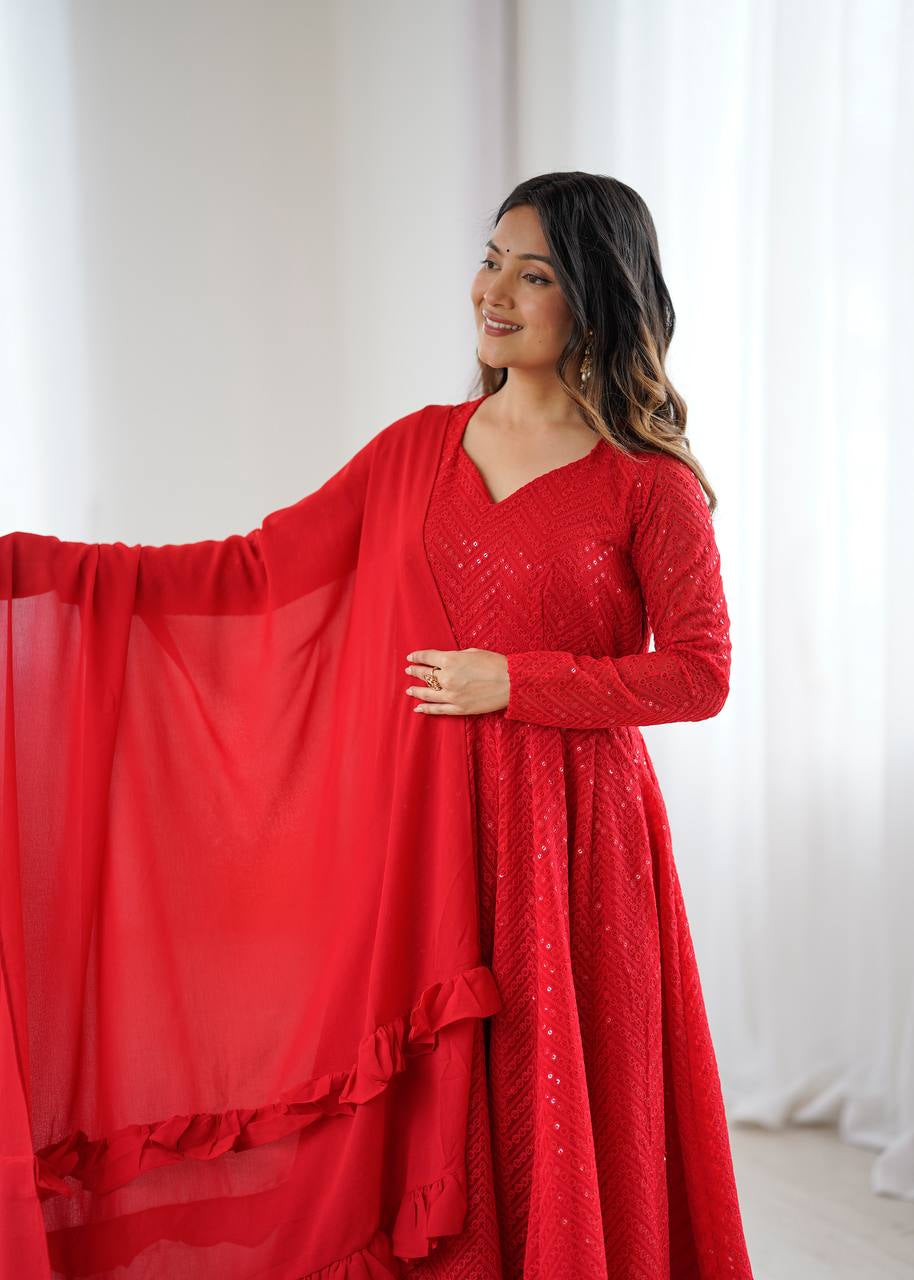 Womenline Designer Red Color Georgette Lucknowi Three Piece Anarkali Suit