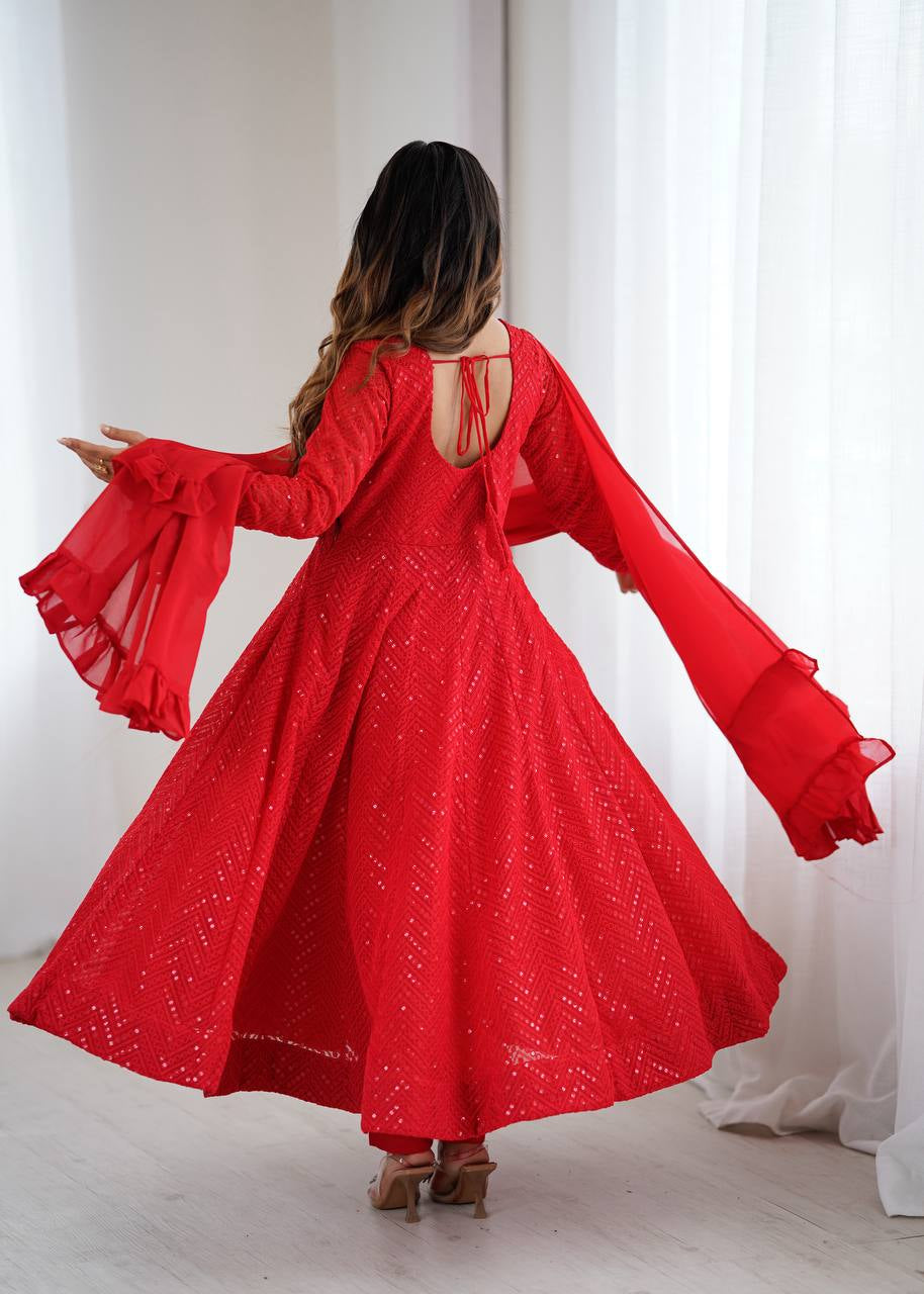 Womenline Designer Red Color Georgette Lucknowi Three Piece Anarkali Suit
