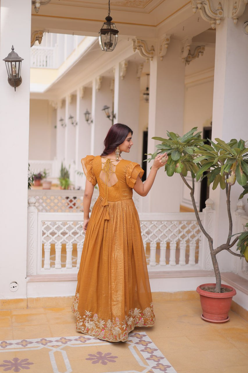 Womenline Mustard Gold Color Embroidered Flared Gown