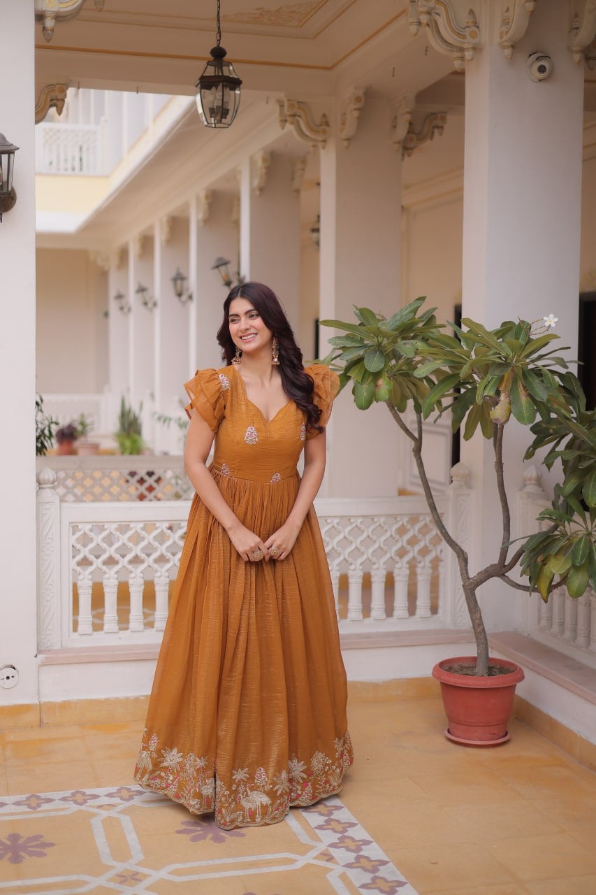 Womenline Mustard Gold Color Embroidered Flared Gown
