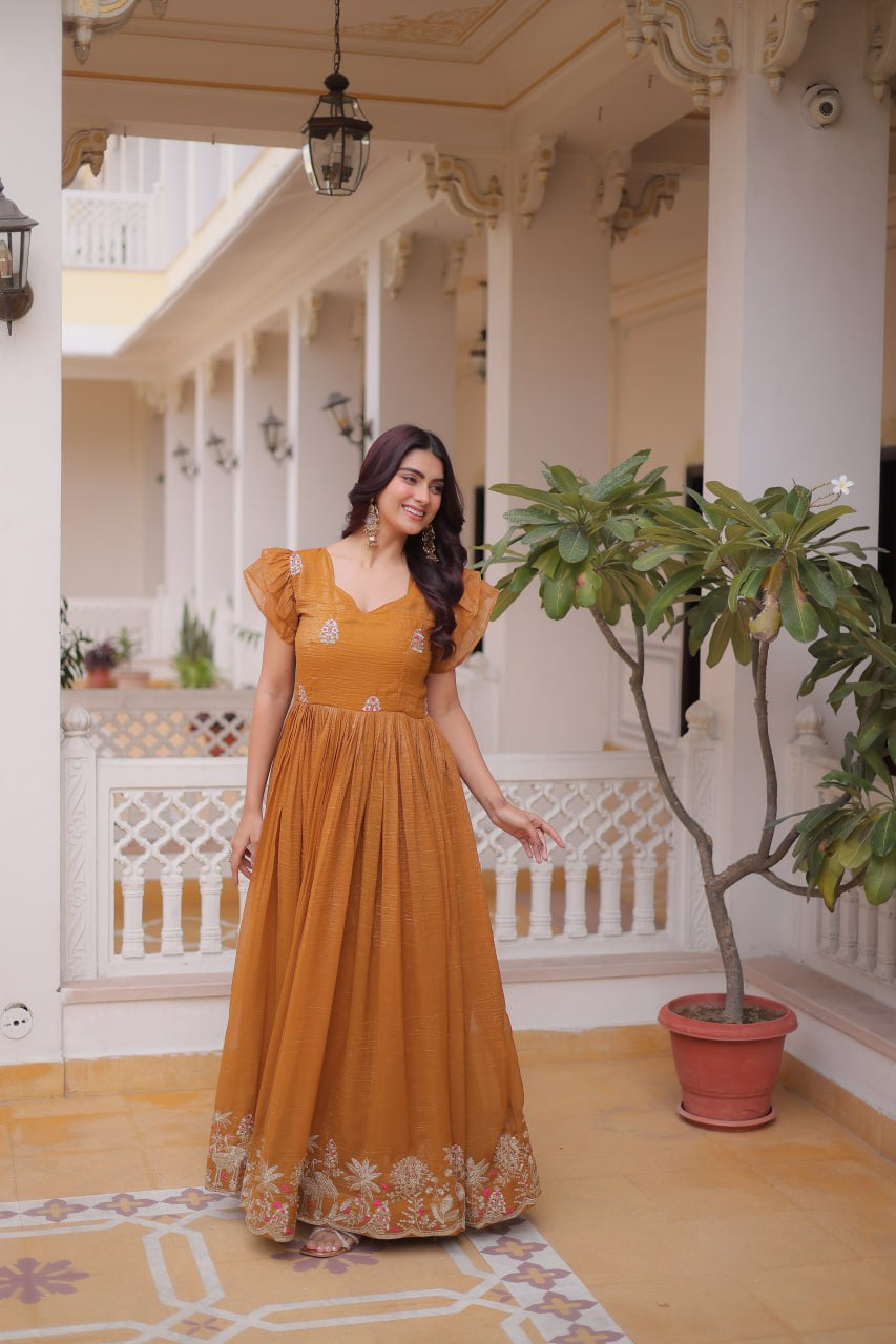 Womenline Mustard Gold Color Embroidered Flared Gown