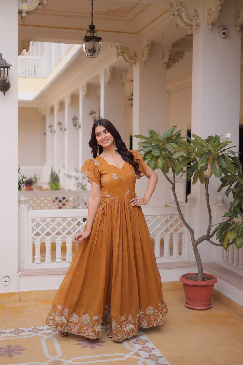 Womenline Mustard Gold Color Embroidered Flared Gown