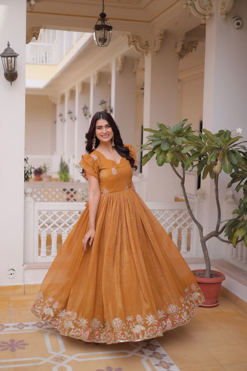 Womenline Mustard Gold Color Embroidered Flared Gown