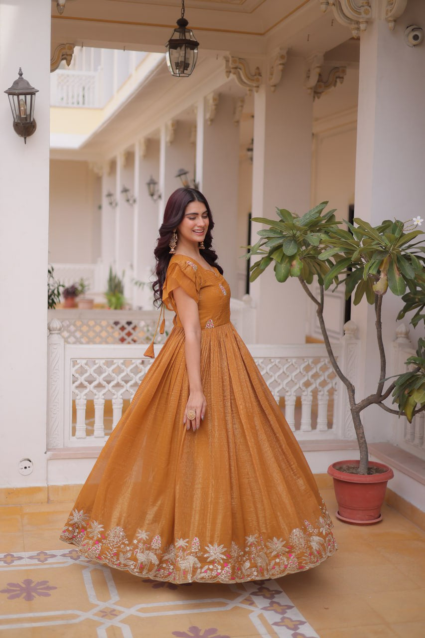 Womenline Mustard Gold Color Embroidered Flared Gown