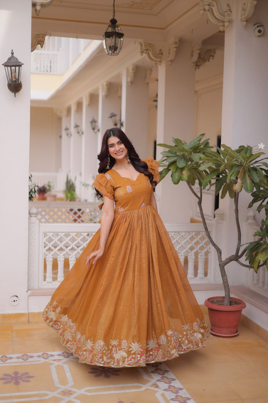 Womenline Mustard Gold Color Embroidered Flared Gown