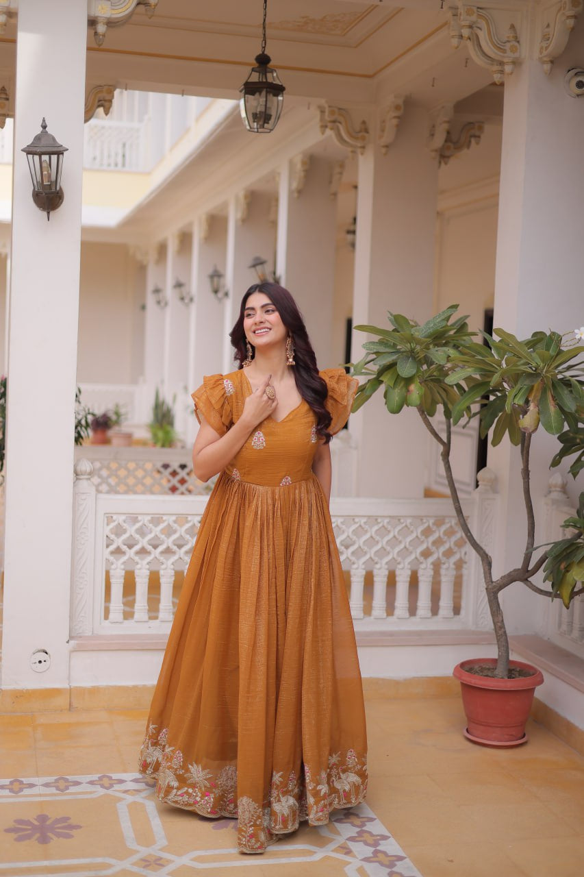 Womenline Mustard Gold Color Embroidered Flared Gown