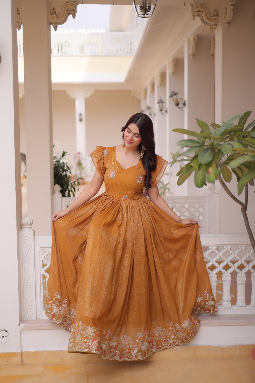 Womenline Mustard Gold Color Embroidered Flared Gown