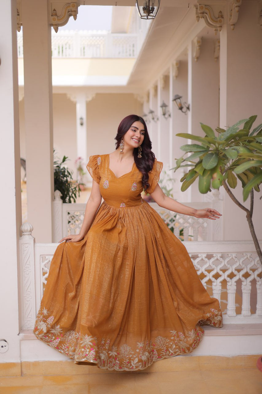 Womenline Mustard Gold Color Embroidered Flared Gown