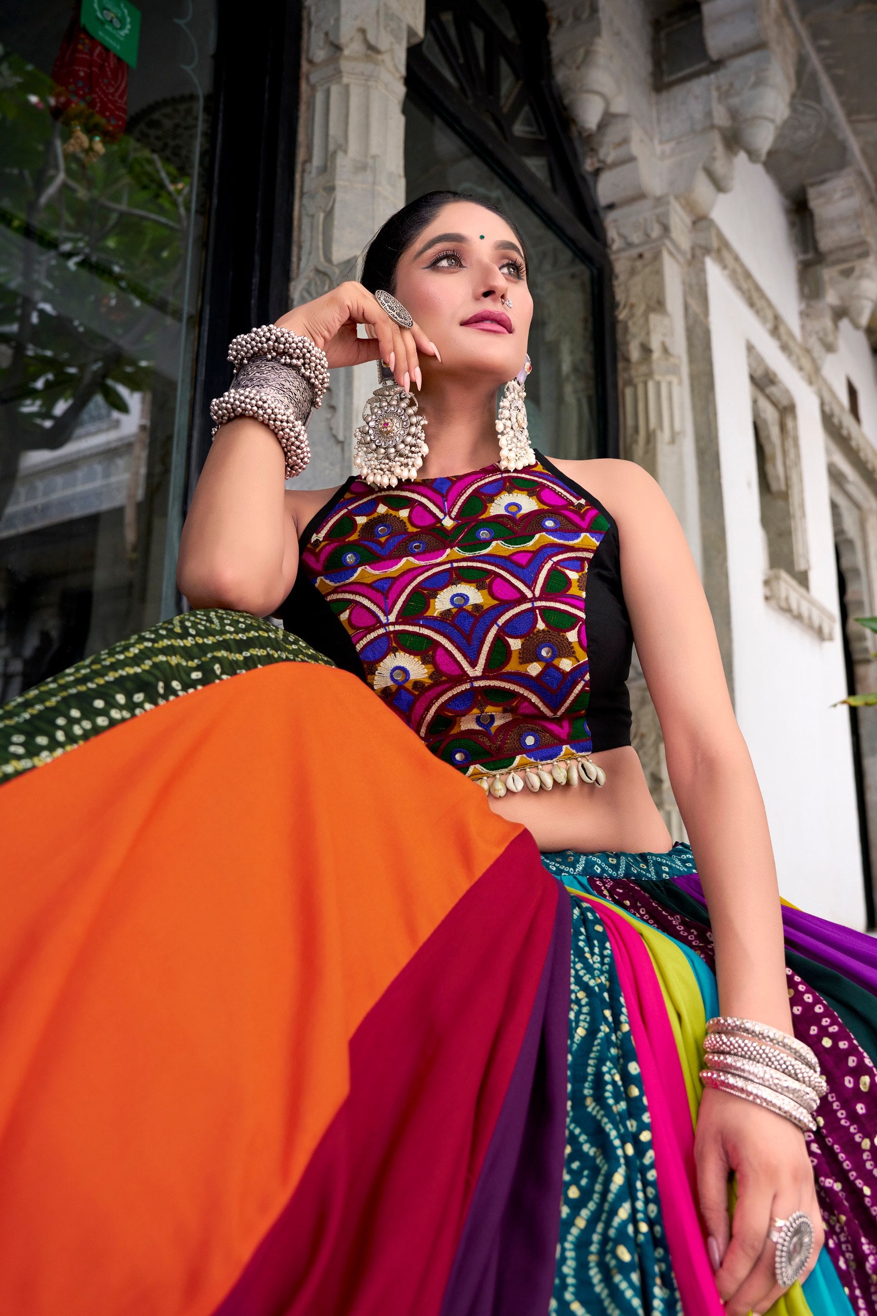 Womenline Multicolor Navratri Mirror Work Designer Lehenga