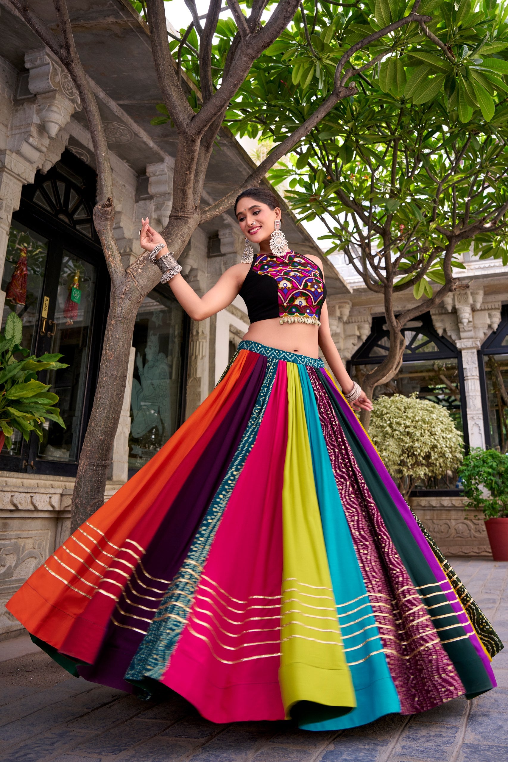 Womenline Multicolor Navratri Mirror Work Designer Lehenga