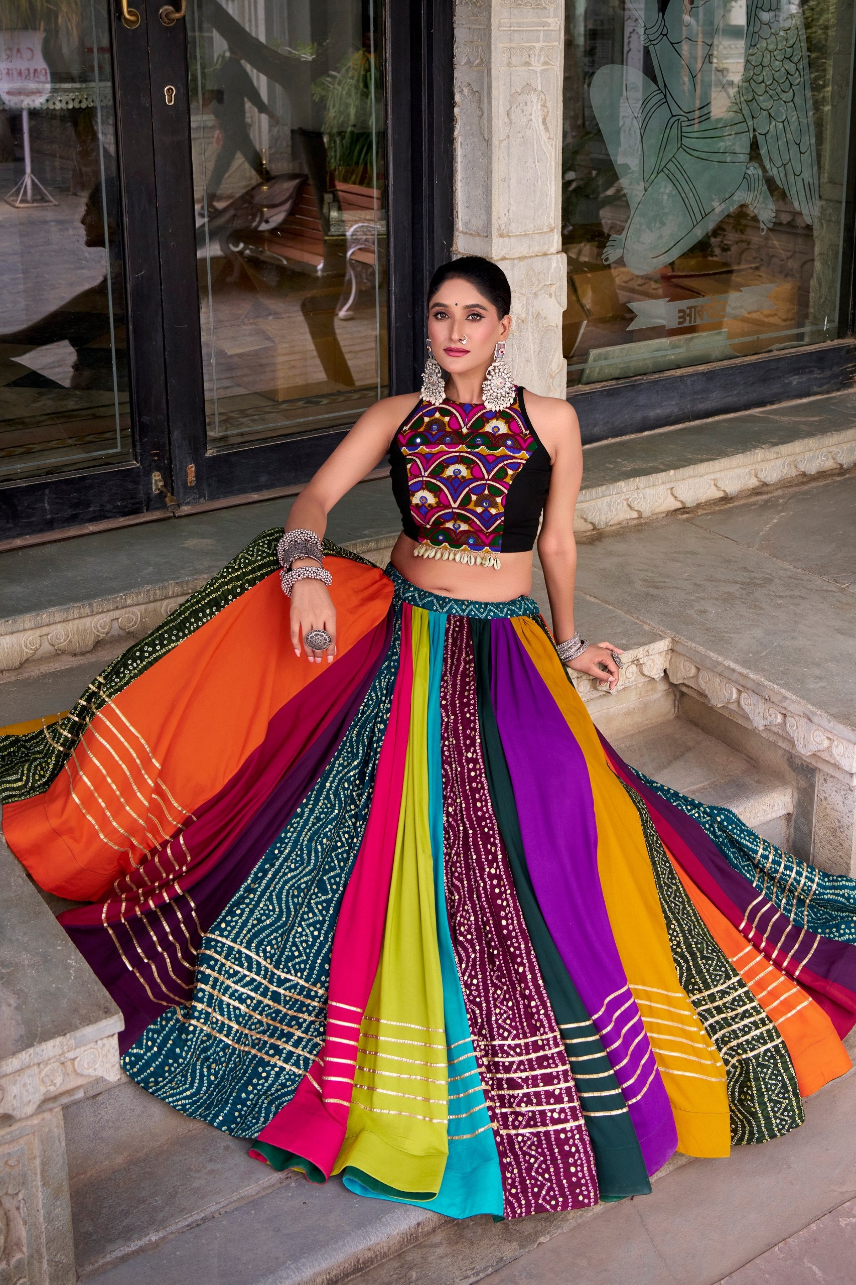 Womenline Multicolor Navratri Mirror Work Designer Lehenga