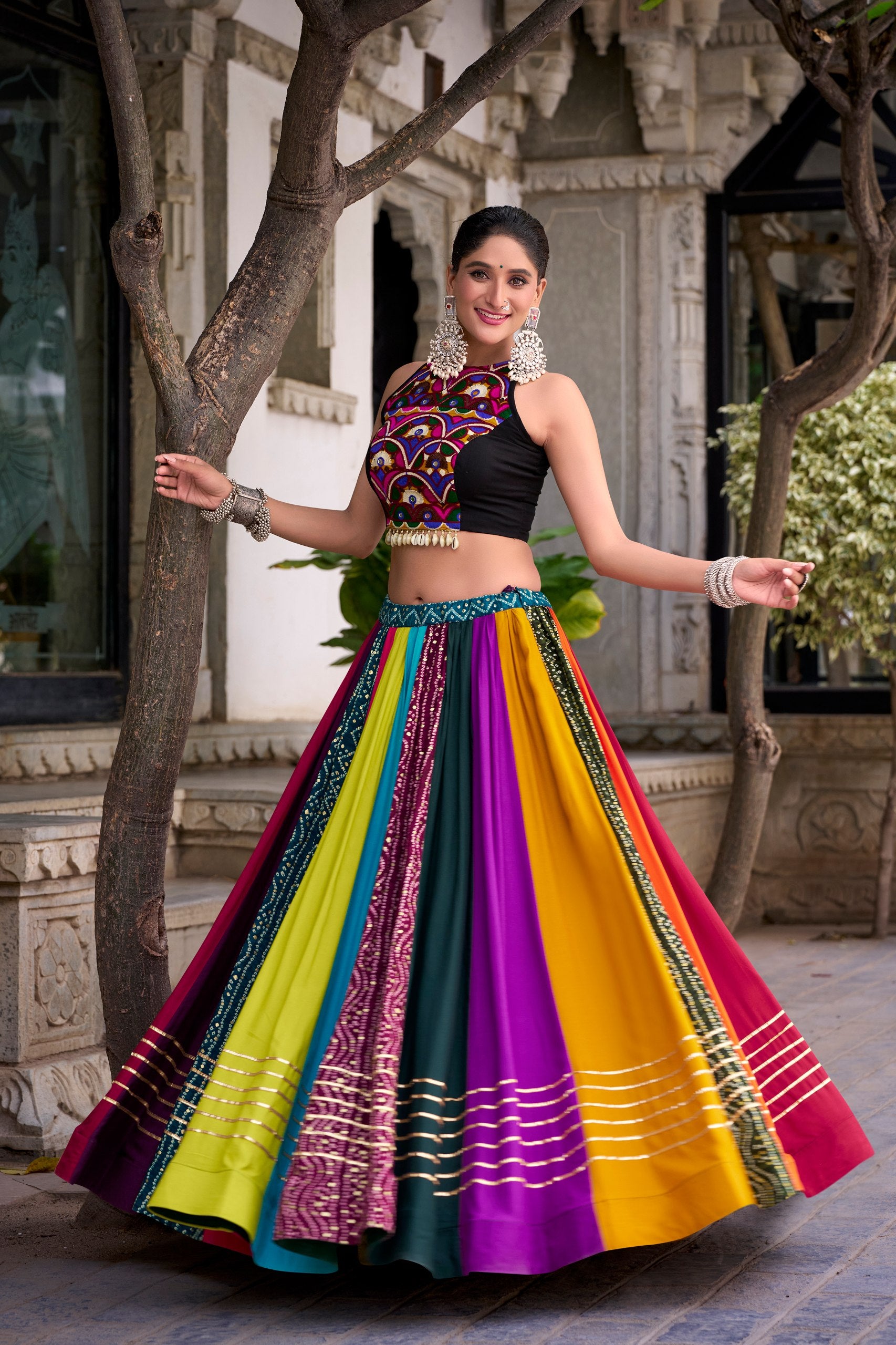 Womenline Multicolor Navratri Mirror Work Designer Lehenga